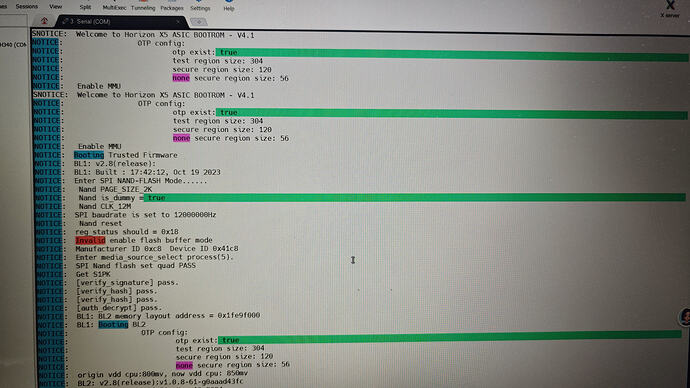 终端界面显示Horizon X5 ASIC BOOTROM V4.1的启动信息，包含OTP配置参数、NAND闪存测试结果及无效的错误提示。 (由 AI 生成标题)